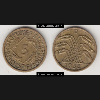 Deutsches Reich Umlaufmünze 1924-1936, 5 Reichspfennig D, 1936, Münzen Vollansicht Horizontal zum Download Sammlung