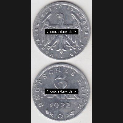 Weimarer Republik Umlaufmünze 1922-1923, 3 Mark G Verfassungstag 11. August 1922, Münzen Vollansicht Vertikal zum Download für Mobile-Geräte Sammlung