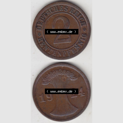 Weimarer Republik Umlaufmünze 1923-1924, 2 Rentenpfennig 1924 A, D, E, F, G, J, Münzen Vollansicht Vertikal zum Download für Mobile-Geräte Sammlung