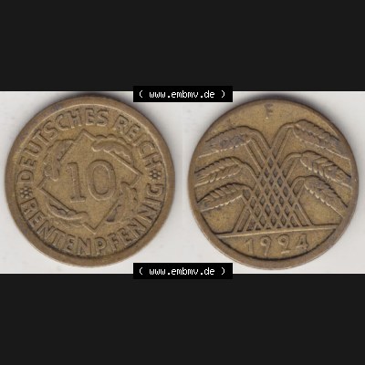 Weimarer Republik Umlaufmünze 1923-1925, 10 Rentenpfennig F, 1924, Münzen Vollansicht Horizontal zum Download Sammlung