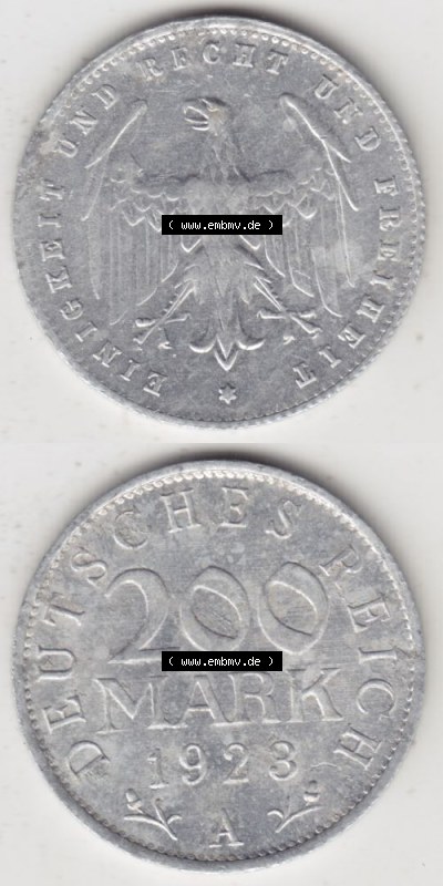 Weimarer Republik Umlaufmünze 1923-1923, 200 Mark A, 1923 II, Münzen Vollansicht Vertikal zum Download für Mobile-Geräte Sammlung