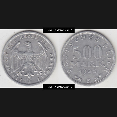 Weimarer Republik Umlaufmünze 1923-1923, 500 Mark F, Münzen Vollansicht Horizontal zum Download Sammlung
