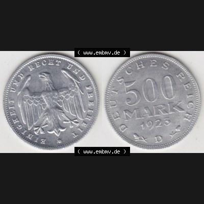 Weimarer Republik Umlaufmünze 1923-1923, 500 Mark D, 1923, Münzen Vollansicht Horizontal zum Download Sammlung