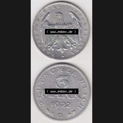 Weimarer Republik Umlaufmünze 1922-1923, 3 Mark G, 1923 Verfassungstag 11. August 1922, Münzen Vollansicht Vertikal zum Download für Mobile-Geräte Sammlung