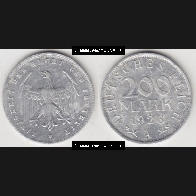 Weimarer Republik Umlaufmünze 1923-1923, 200 Mark A, 1923 II, Münzen Vollansicht Horizontal zum Download Sammlung