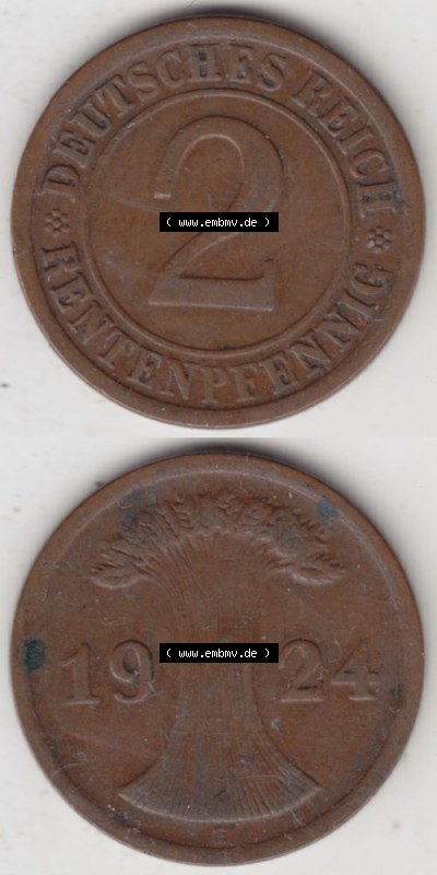 Weimarer Republik Umlaufmünze 1923-1924, 2 Rentenpfennig E, 1924, Münzen Vollansicht Vertikal zum Download für Mobile-Geräte Sammlung