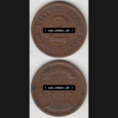 Weimarer Republik Umlaufmünze 1923-1924, 2 Rentenpfennig E, 1924, Münzen Vollansicht Vertikal zum Download für Mobile-Geräte Sammlung