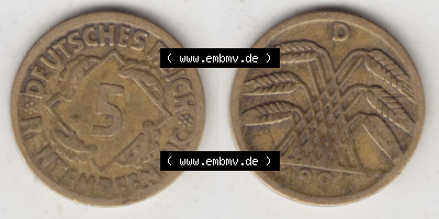 Weimarer Republik Umlaufmünze 1923-1924, 5 Rentenpfennig D, 1924 II, Münzen Vollansicht Horizontal zum Download Sammlung