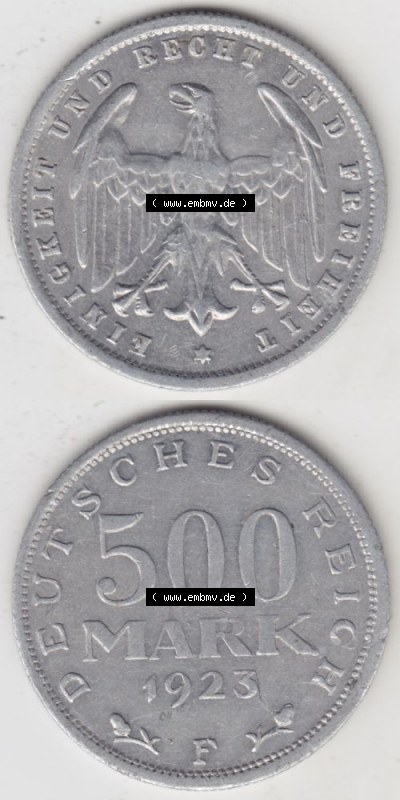 Weimarer Republik Umlaufmünze 1923-1923, 500 Mark F, Münzen Vollansicht Vertikal zum Download für Mobile-Geräte Sammlung