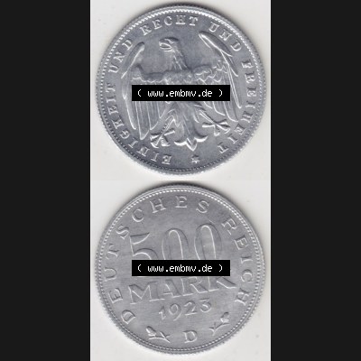 Weimarer Republik Umlaufmünze 1923-1923, 500 Mark D, 1923, Münzen Vollansicht Vertikal zum Download für Mobile-Geräte Sammlung
