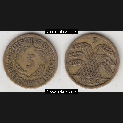 Weimarer Republik Umlaufmünze 1923-1924, 5 Rentenpfennig J, 1924, Münzen Vollansicht Horizontal zum Download Sammlung