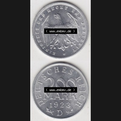 Weimarer Republik Umlaufmünze 1923-1923, 200 Mark D, 1923, Münzen Vollansicht Vertikal zum Download für Mobile-Geräte Sammlung