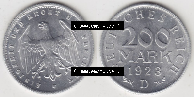 Weimarer Republik Umlaufmünze 1923-1923, 200 Mark D, 1923, Münzen Vollansicht Horizontal zum Download Sammlung