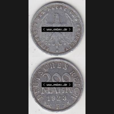 Weimarer Republik Umlaufmünze 1923-1923, 200 Mark F Einigkeit und Recht und Freiheit, Münzen Vollansicht Vertikal zum Download für Mobile-Geräte Sammlung