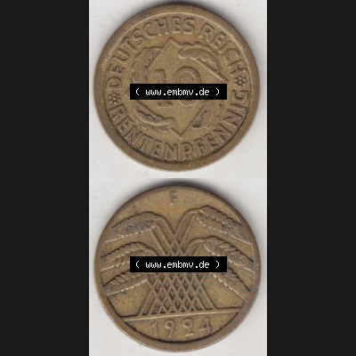 Weimarer Republik Umlaufmünze 1923-1925, 10 Rentenpfennig F, 1924, Münzen Vollansicht Vertikal zum Download für Mobile-Geräte Sammlung