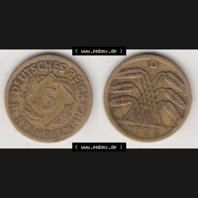 Weimarer Republik Umlaufmünze 1923-1924, 5 Rentenpfennig D, 1924 II, Münzen Vollansicht Horizontal zum Download Sammlung