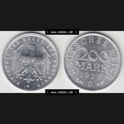 Weimarer Republik Umlaufmünze 1923-1923, 200 Mark G, 1923, Münzen Vollansicht Horizontal zum Download Sammlung