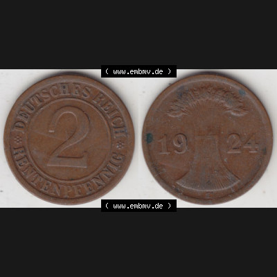Weimarer Republik Umlaufmünze 1923-1924, 2 Rentenpfennig E, 1924, Münzen Vollansicht Horizontal zum Download Sammlung