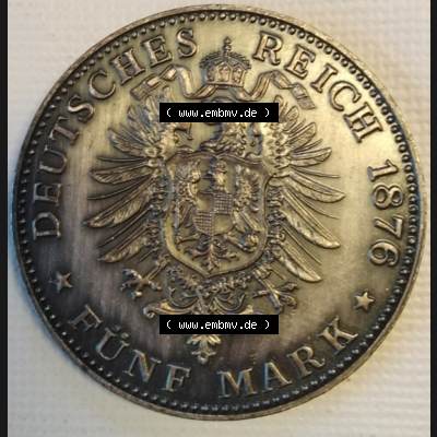 Deutsches Kaiserreich 1876, 5 Mark, König Ludwig II. v. Bayern, Deutsches Reich, Silbermünze ohne Mzz. und ohne Randschrift und nicht im Münzen-Katalog... Sammlung