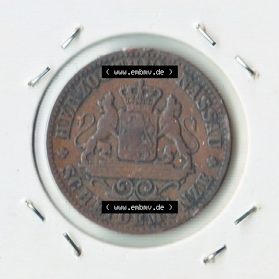 Münze vor 1871 aus Deutschland, 1861, 1 Kreuzer Nassau. Rückseite der Münze aus Deutschland vor 1871. Hier auf EMBMV befindet sich ein online Katalog für private... Sammlung
