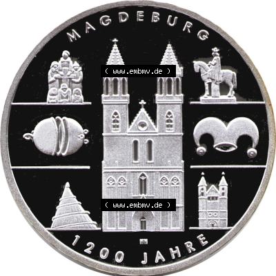 Deutschland 2005 Silbermünze, 10 Euro 1200 Jahre Magdeburg. 10 Euro Gedenkmünze Vorderseite der 5. 10 Euro Münze von 2005im online Katalog auf EMBMV zu online katalogisieren... Sammlung
