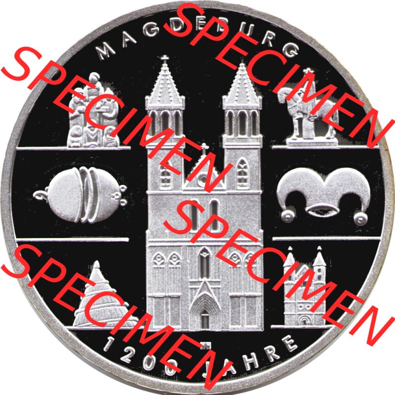 Deutschland 2005 Silbermünze, 10 Euro 1200 Jahre Magdeburg. 10 Euro Gedenkmünze Vorderseite der 5. 10 Euro Münze von 2005im online Katalog auf EMBMV zu online katalogisieren... Sammlung