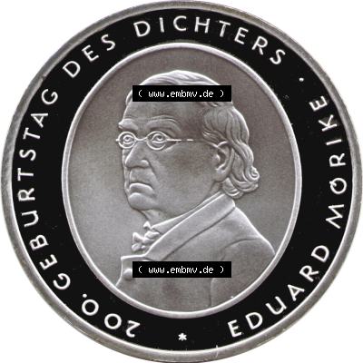 Deutschland 2004 Silbermünze, 10 Euro Eduard Mörike. 10 Euro Gedenkmünze Vorderseite der 5. 10 Euro Münze von 2004im online Katalog auf EMBMV zu online katalogisieren... Sammlung