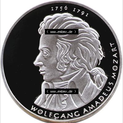Deutschland 2006 Silbermünze, 10 Euro Wolfgang Amadeus Mozart. 10 Euro Gedenkmünze Vorderseite der 1. 10 Euro Münze von 2006 im online Katalog auf EMBMV zu online katalogisieren... Sammlung