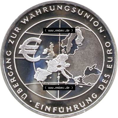 Deutschland 2002 Silbermünze, Gedenkmünze bzw. Sondermünze BRD, 10 Euro Währungsunion zum Euro Silbermünze. 10 Euro Gedenkmünze Vorderseite der 1.... Sammlung