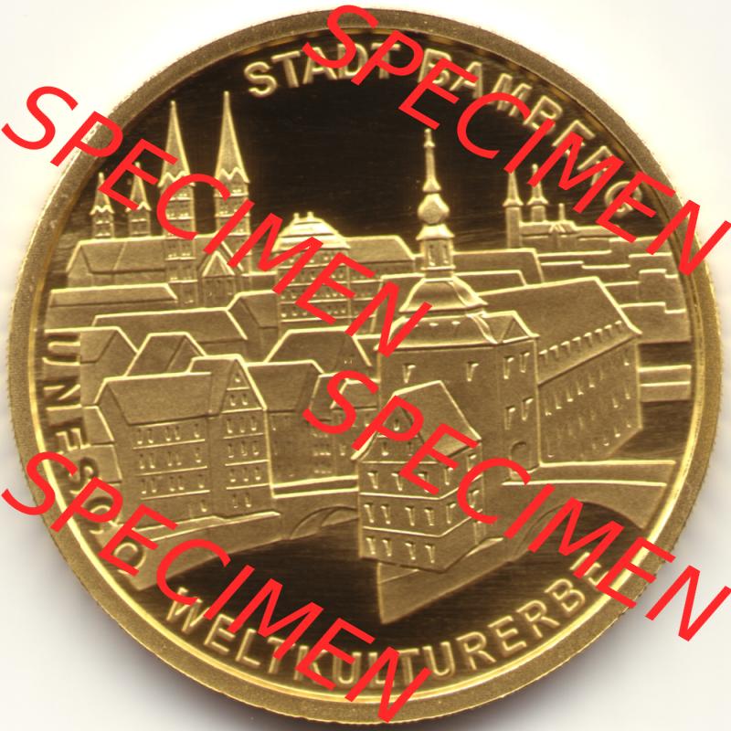 Deutschland 100 Euro Goldmünze 2004, UNESCO Bamberg. Vorderseite der 100 Euro Goldmünze aus Deutschland der BRD. Hier auf EMBMV befindet sich ein online Katalog für private... Sammlung