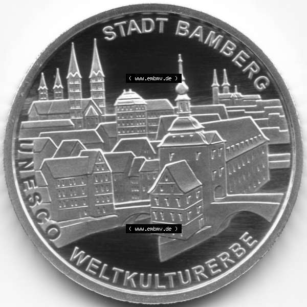 Grau bzw. s/w Deutschland 100 Euro Goldmünze 2004, UNESCO Bamberg. Vorderseite der 100 Euro Goldmünze aus Deutschland der BRD. Hier auf EMBMV befindet sich ein online Katalog für private... Sammlung Graustufen