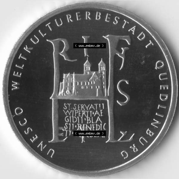 Grau bzw. s/w Deutschland 100 Euro Goldmünze 2003, UNESCO Quedlinburg. Vorderseite der 100 Euro Goldmünze aus Deutschland der BRD. Hier auf EMBMV befindet sich ein online Katalog für... Sammlung Graustufen