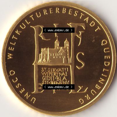 Deutschland 100 Euro Goldmünze 2003, UNESCO Quedlinburg. Vorderseite der 100 Euro Goldmünze aus Deutschland der BRD. Hier auf EMBMV befindet sich ein online Katalog für... Sammlung