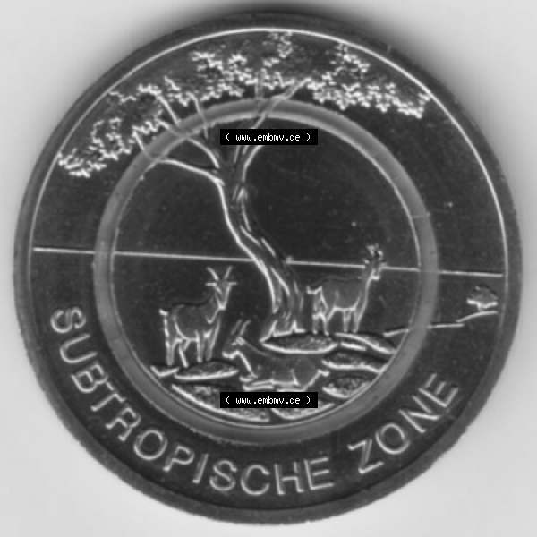 Grau bzw. s/w Münzen Deutschland Gedenkmünze 2018, 5 Euro Subtropische Zone A 400 DPI Vorderseite zum herunterladen als Bildmaterial für ihre Sammlung der 5 Euro Münzen aus Deutschland Sammlung Graustufen