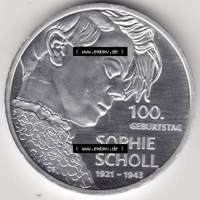 Silbermünze Deutschland 2021, 20 Euro Gedenkmünze 2021, 100. Geburtstag Sophie Scholl Münzzeichen D, Vorderseite in 1200DPI zum herunterladen als Bildmaterial für... Sammlung