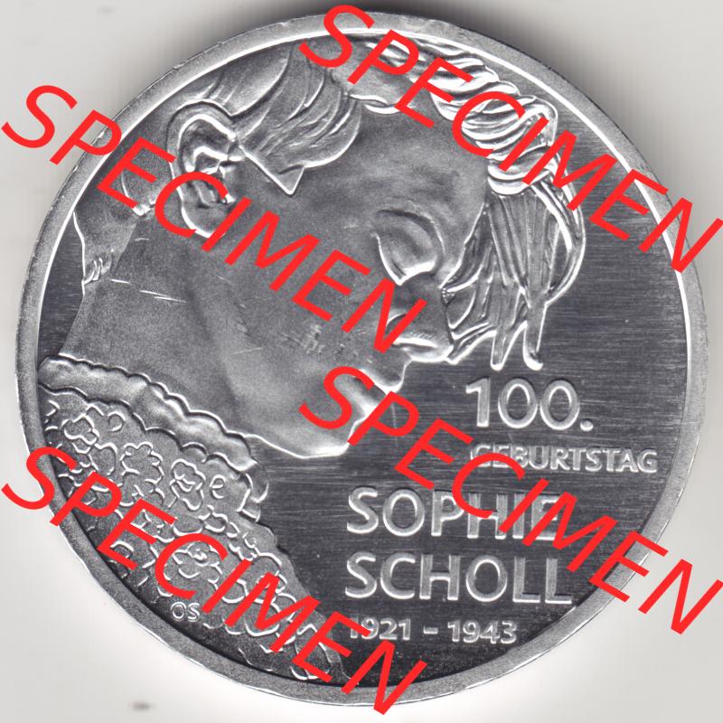 Silbermünze Deutschland 2021, 20 Euro Gedenkmünze 2021, 100. Geburtstag Sophie Scholl Münzzeichen D, Vorderseite in 1200DPI zum herunterladen als Bildmaterial für... Sammlung