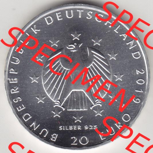 Silbermünze Deutschland 2019, 20 Euro Gedenkmünze 2019, 100 Jahre Weimarer Reichsverfassung Münzzeichen A, Rückseite in 400DPI zum herunterladen als Bildmaterial für... Sammlung