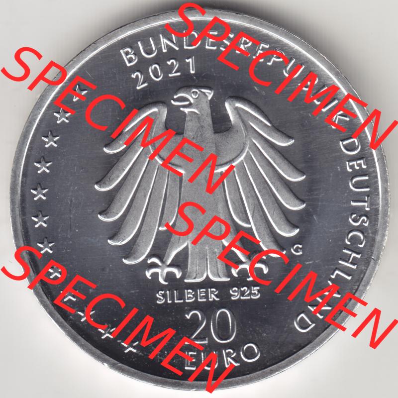 Silbermünze Deutschland 2021, 20 Euro Gedenkmünze 2021, 200. Geburtstag Sebastian Kneipp, Münzzeichen G, Rückseite in 1200DPI (1) Sammlung