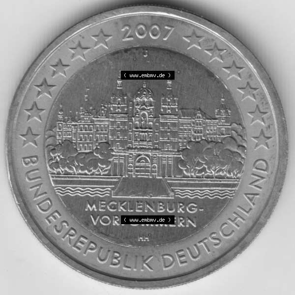 Grau bzw. s/w BRD-Deutschland 2 Euro Gedenkmünze 2007, 2 Euro Gedenkmünze 2007 Mecklenburg Vorpommern Münzzeichen J in 1200DPI. Hier die deutschen 2 Euro Gedenkmünzen 2007 als Digitale... Sammlung Graustufen