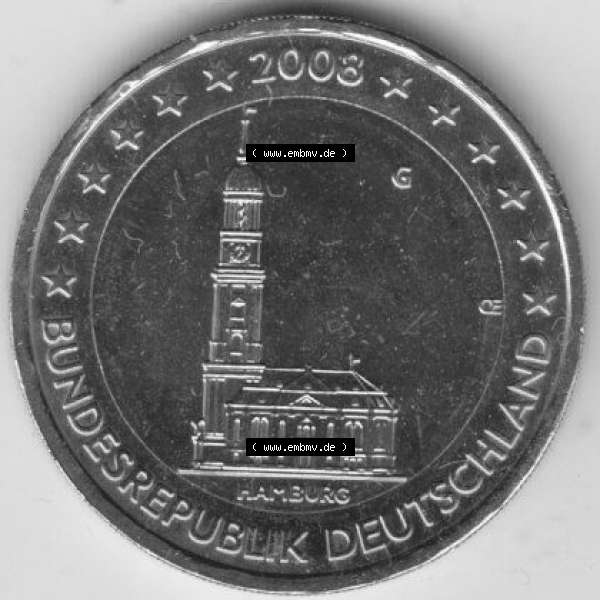 Grau bzw. s/w BRD-Deutschland 2 Euro Gedenkmünze 2008, 2 Euro Gedenkmünze 2008 Hamburg Münzzeichen G in 400DPI, die deutschen 2 Euro Gedenkmünzen 2008 stehen als Digitale Bilder zum herunterladen... Sammlung Graustufen