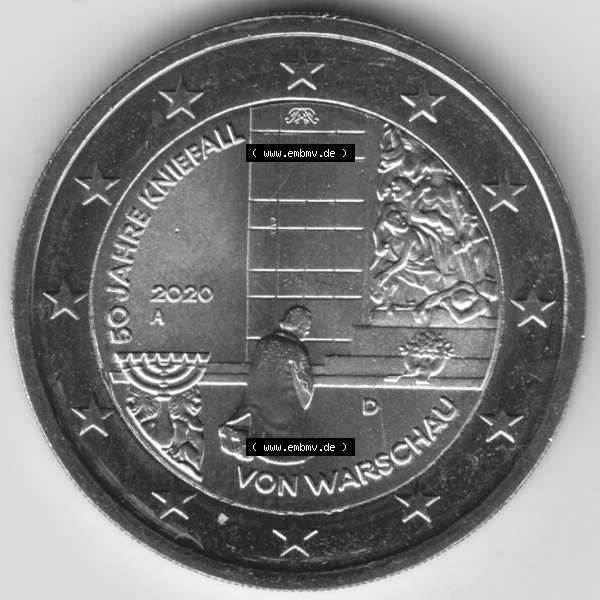 Grau bzw. s/w BRD-Deutschland 2 Euro Gedenkmünze 2020, 2 Euro Gedenkmünze 2020, 50 Jahre Kniefall von Warschau Münzzeichen A in 1200DPI, die deutschen 2 Euro Gedenkmünzen 2020 als... Sammlung Graustufen