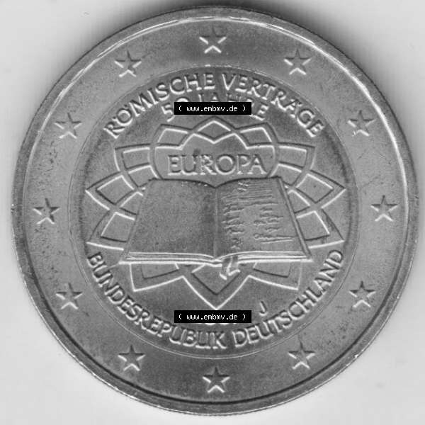 Grau bzw. s/w BRD-Deutschland 2 Euro Gedenkmünze 2007, 2 Euro Gedenkmünze 2007 50 Jahre Römische Verträge Münzzeichen J in 600DPI, die deutschen 2 Euro Gedenkmünzen 2007 stehen... Sammlung Graustufen