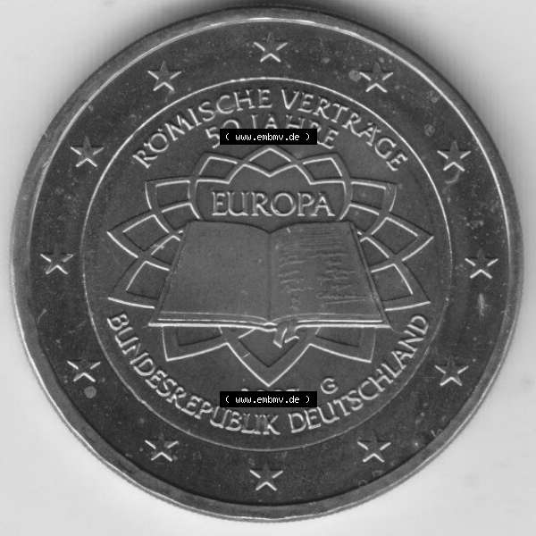 Grau bzw. s/w BRD-Deutschland 2 Euro Gedenkmünze 2007, 2 Euro Gedenkmünze 2007 50 Jahre Römische Verträge Münzzeichen G in 600DPI, die deutschen 2 Euro Gedenkmünzen 2007 stehen... Sammlung Graustufen