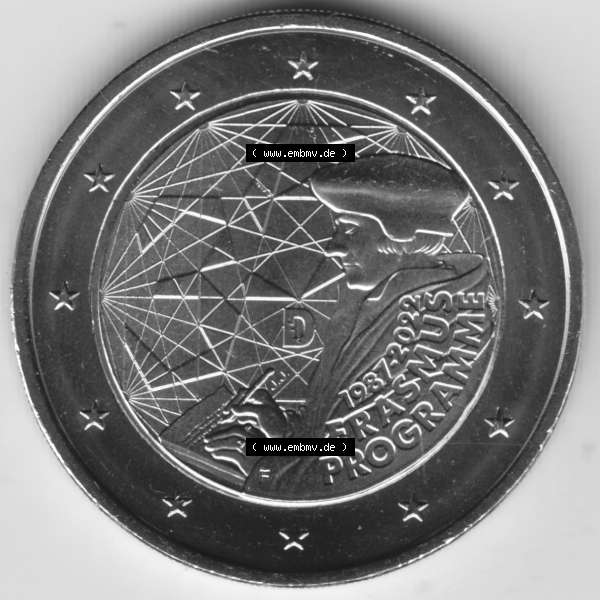 Grau bzw. s/w BRD-Deutschland 2 Euro Gedenkmünze 2022, 2 Euro Gedenkmünze 2022, 35 Jahre Erasmus-Programm Münzzeichen F in 1200DPI, die deutschen 2 Euro Gedenkmünzen 2022 als Digitale... Sammlung Graustufen