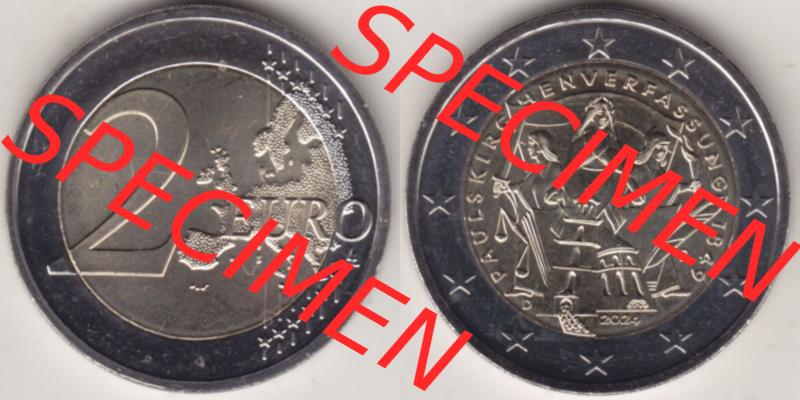 Deutschland 2024, D 175. Jubiläum Paulskirchenverfassung. Nominalwert-Seite und Motiv-Seite der 2 Euro Gedenkmünze aus Deutschland als digitales Bild, Bildmaterial zu... Sammlung