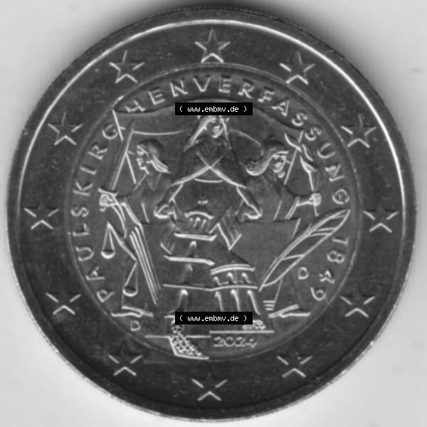 Grau bzw. s/w Deutschland 2024, D 175. Jubiläum Paulskirchenverfassung. Motivseite der 2 Euro Gedenkmünze aus Deutschland als digitales Bild, Bildmaterial zu herunterladen.... Sammlung Graustufen