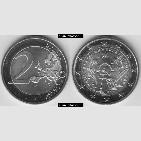Grau bzw. s/w Deutschland 2024, A 175. Jubiläum Paulskirchenverfassung. Nominalwert-Seite und Motiv-Seite der 2 Euro Gedenkmünze aus Deutschland als digitales Bild, Bildmaterial zu... Sammlung Graustufen