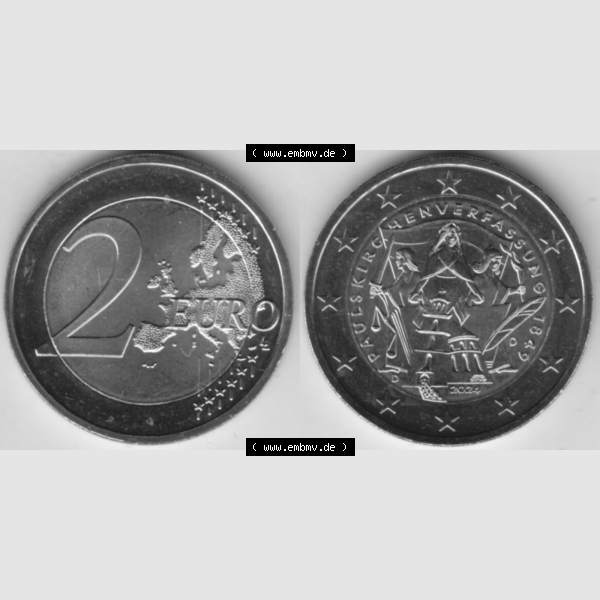 Grau bzw. s/w Deutschland 2024, D 175. Jubiläum Paulskirchenverfassung. Nominalwert-Seite und Motiv-Seite der 2 Euro Gedenkmünze aus Deutschland als digitales Bild, Bildmaterial zu... Sammlung Graustufen