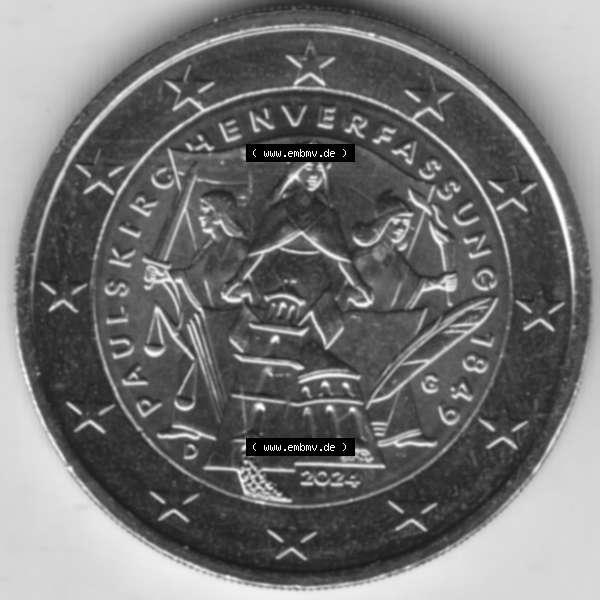 Grau bzw. s/w Deutschland 2024, G 175. Jubiläum Paulskirchenverfassung. Motivseite der 2 Euro Gedenkmünze aus Deutschland als digitales Bild, Bildmaterial zu herunterladen.... Sammlung Graustufen