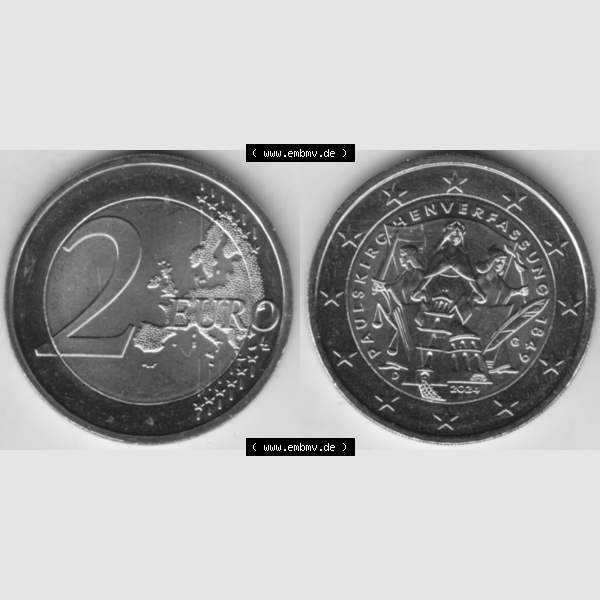 Grau bzw. s/w Deutschland 2024, G 175. Jubiläum Paulskirchenverfassung. Nominalwert-Seite und Motiv-Seite der 2 Euro Gedenkmünze aus Deutschland als digitales Bild, Bildmaterial zu... Sammlung Graustufen